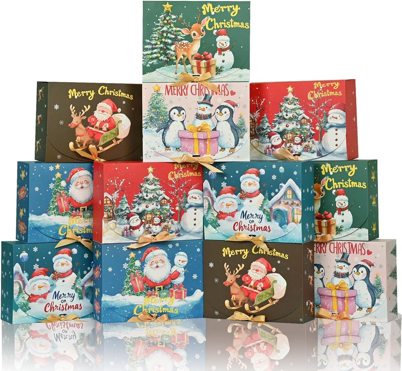 12Pack Christmas Gift Boxes with Lids, 10.6×7.8×3.1 Inch Large Christmas Boxes for Presents, 6 Style Xmas Themed Pattern Holiday Christmas Wrapping Boxes for Gifts, Xmas Party Favor